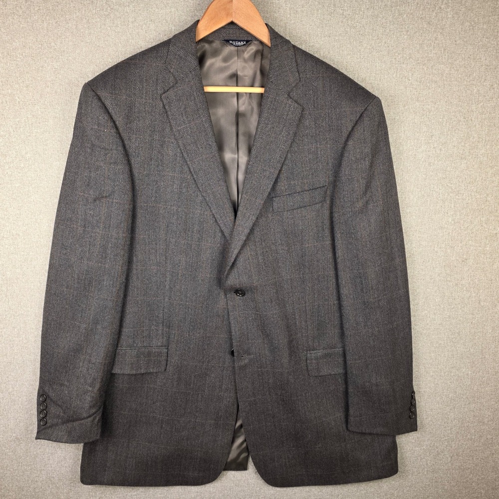 Botany 500 Mens 44 Long Grey Herringbone Windowpane 100% Lambswool Blazer Jacket